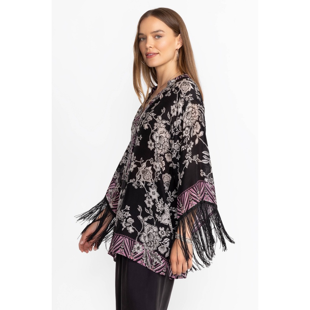 Johnny Was Edina Fringe Blouse Black Floral Silk Boho V-Neck Top XS W18423-E - Picture 2 of 6